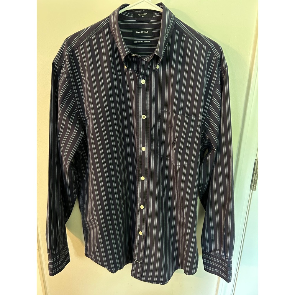 Nautica Mens Navy Blue Striped 80s Two-Ply Cotton Button Down‎ Shirt Size Medium